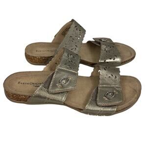 EARTH ORIGINS |  Gray Metallic Tess Platinum Double Strap Slip-On Sandals Sz‎ 8W